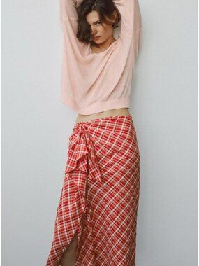 Zara ZW Collection Red Plaid Midi Skirt
